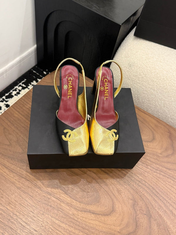 Slingback Black Gold 75mm Square Toe Cowhide