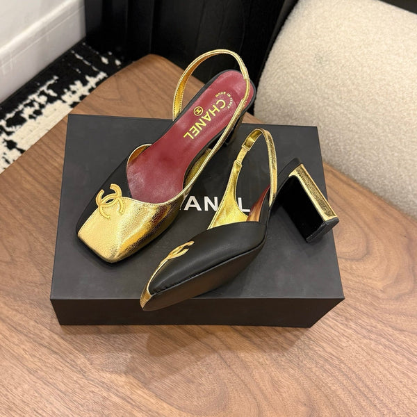 Slingback Black Gold 75mm Square Toe Cowhide