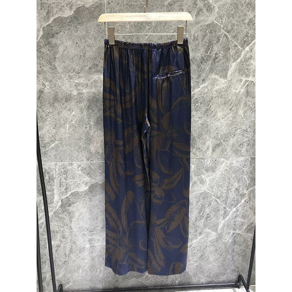 Loewe Straight-leg Pants Dark Navy Blue With Brown Print Pattern Silk