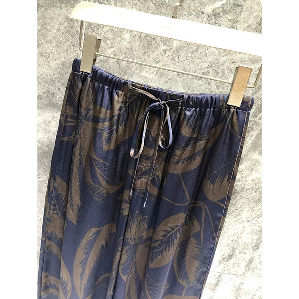 Loewe Straight-leg Pants Dark Navy Blue With Brown Print Pattern Silk
