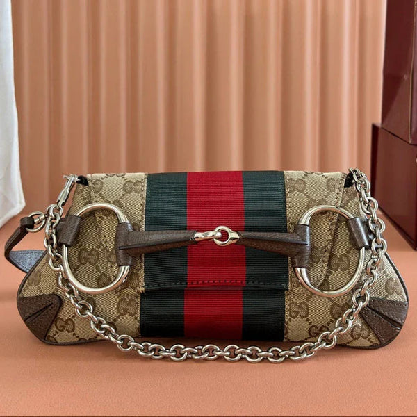 GG 2026 Horsebit Chain Shoulder Bag 27cm Beige Red Green Canvas Leather