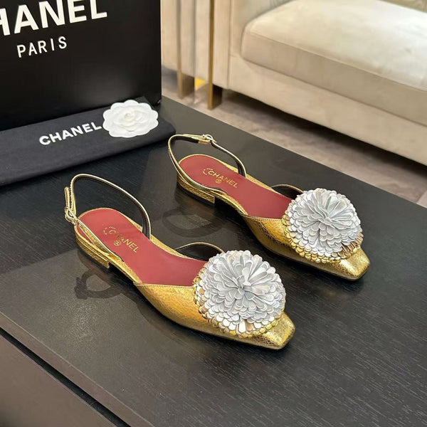 CC 26 Flower-shaped Slingback Pumps Gold Silver Cowhide