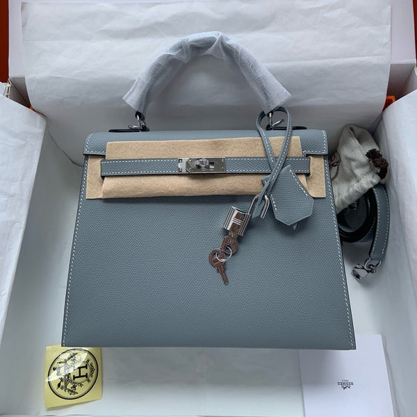 HM KELLY 25CM BLUE GREY EPSOM LEATHER SILVER HARDWARE