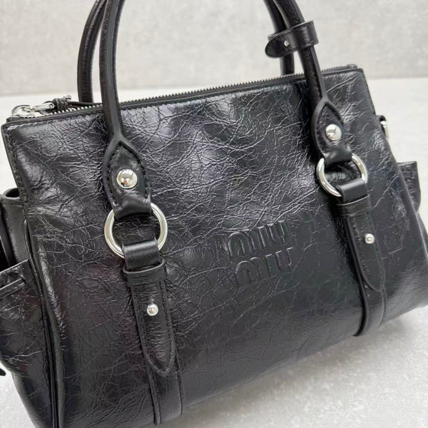 Miu Retro Rope Motorcycle Bag Black Leather