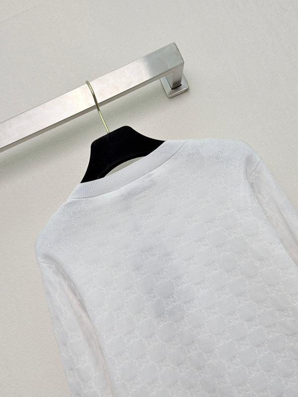 Gucc Monogram Knit Jacquard Cardigan White Cotton