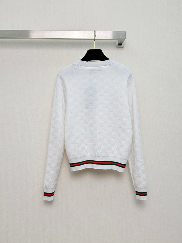 Gucc Monogram Knit Jacquard Cardigan White Cotton