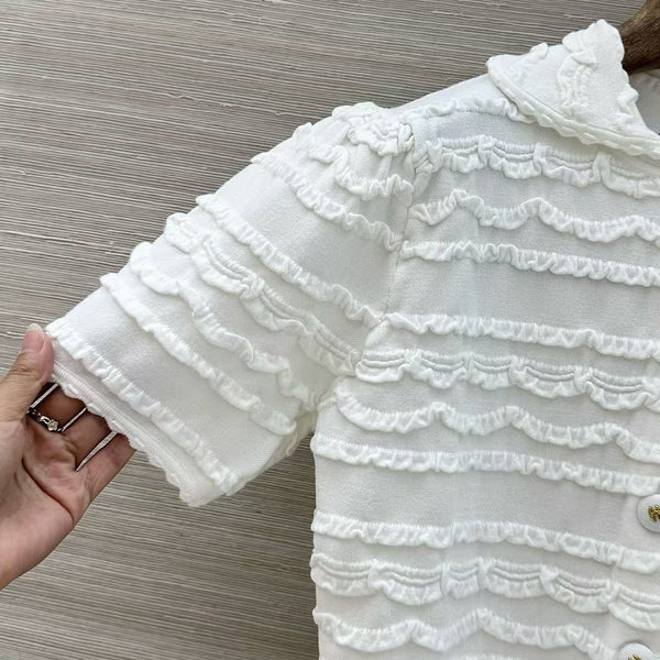 CC Ruffled Short Sleeve Knit Cardigan White Cotton