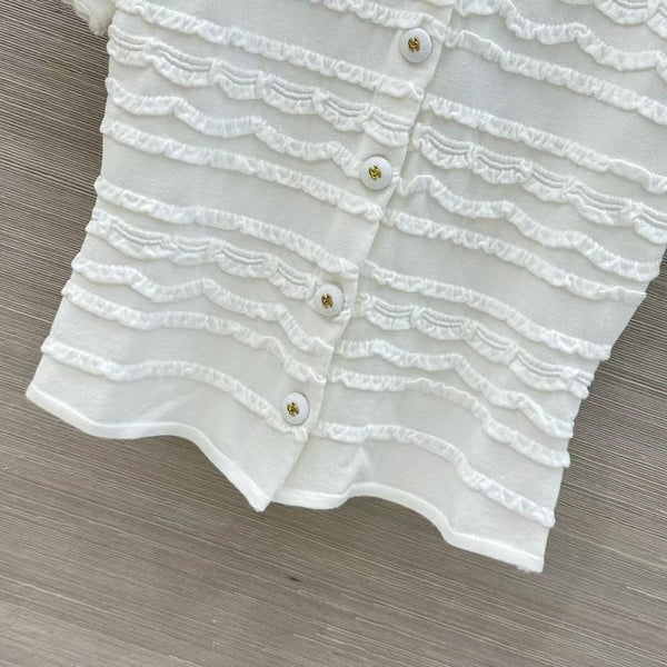CC Ruffled Short Sleeve Knit Cardigan White Cotton