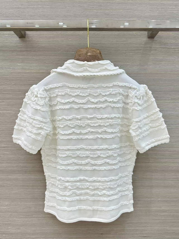 CC Ruffled Short Sleeve Knit Cardigan White Cotton
