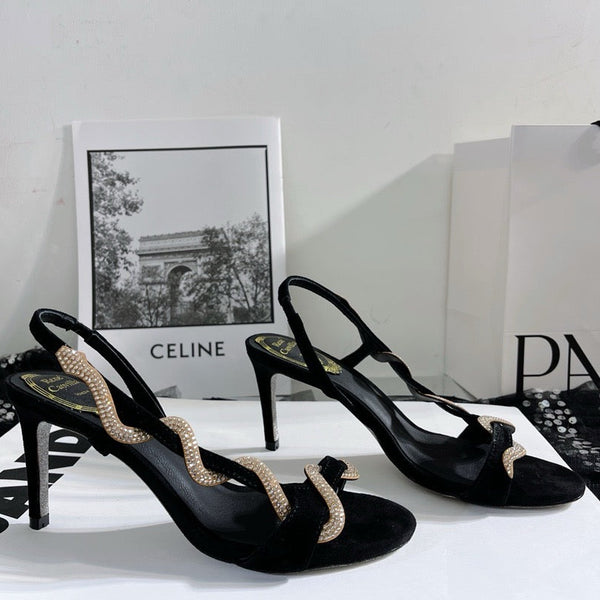 RC Margot Crystal Snake-Wrap High-Heel Sandals 9.5cm Black