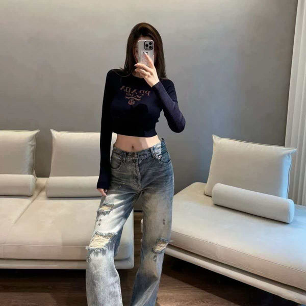 Pra Logo Ribbed Long Sleeve Knit Top