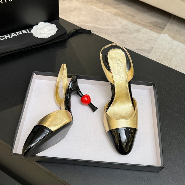 CC Métiers d'Art Apple Slingback Pumps 8.5cm Black Gold Metalic Leather