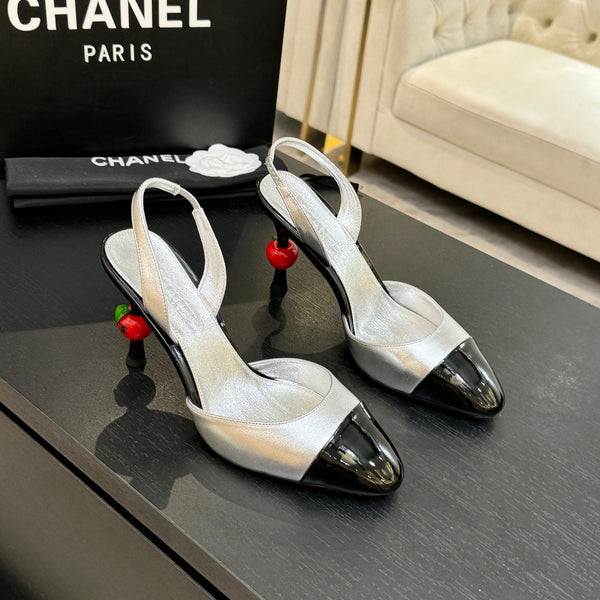 CC Métiers d'Art Apple Slingback Pumps 8.5cm Black Silver Metalic Leather