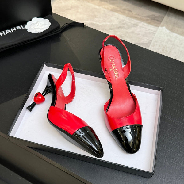 CC Métiers d'Art Apple Slingback Pumps 8.5cm Black Red Cowhide Leather
