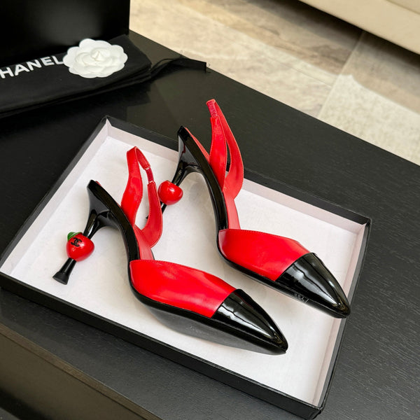 CC Métiers d'Art Apple Slingback Pumps 8.5cm Black Red Cowhide Leather