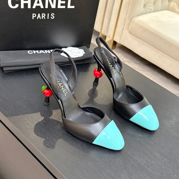 CC Métiers d'Art Apple Slingback Pumps 8.5cm Black Blue Cowhide Leather