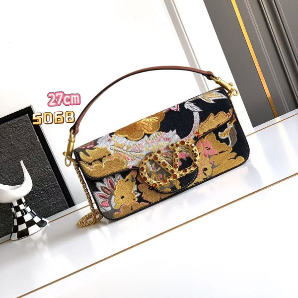 VLTN Locò Small Shoulder Bag Floral Embroidery 20cm Black Calfskin