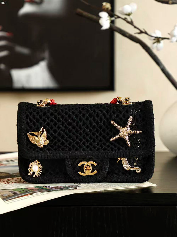 CC Coco Beach 2026 Small Flap Bag Charm 21cm Black Mesh
