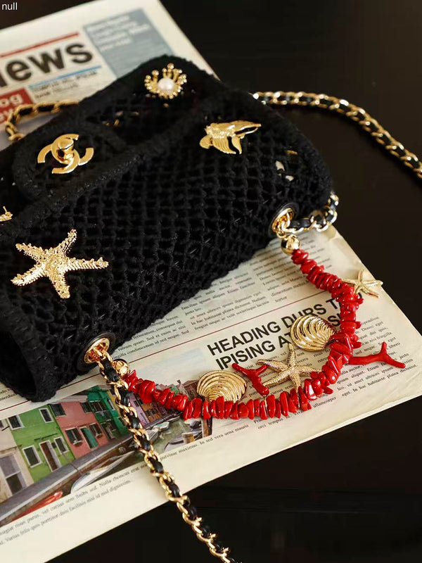 CC Coco Beach 2026 Small Flap Bag Charm 21cm Black Mesh