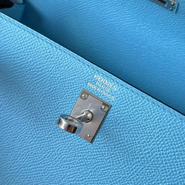 HM KELLY 25CM BLUE EPSOM LEATHER SILVER HARDWARE