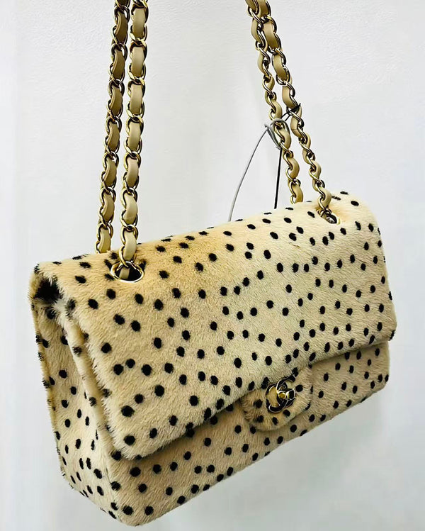 CC 2026 Flap Bag 25.5cm Beige Black Mink Fur Lambskin