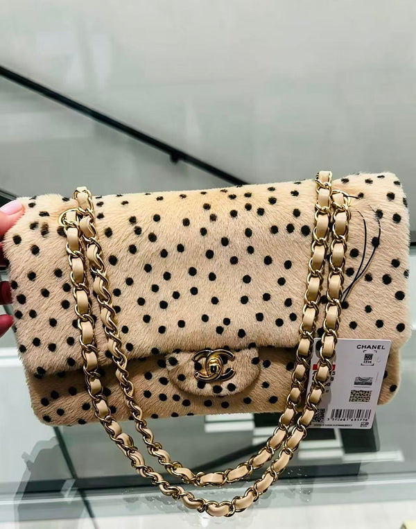 CC 2026 Flap Bag 25.5cm Beige Black Mink Fur Lambskin