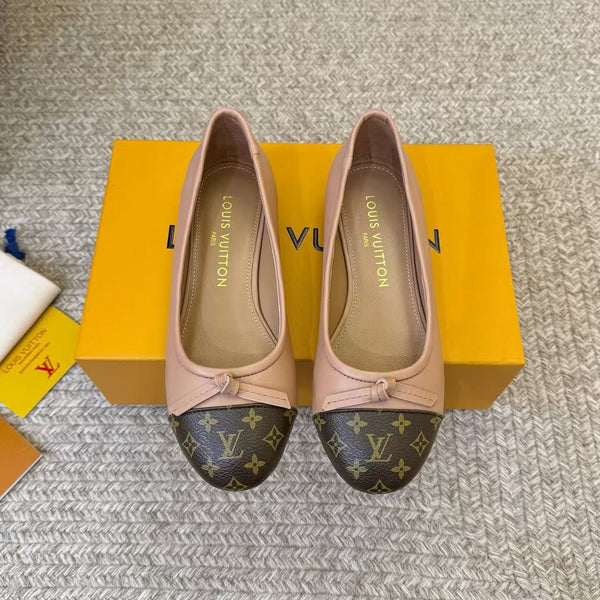 LV Classic Monogram Bow Ballet Flats Pink Brown In Cowhide