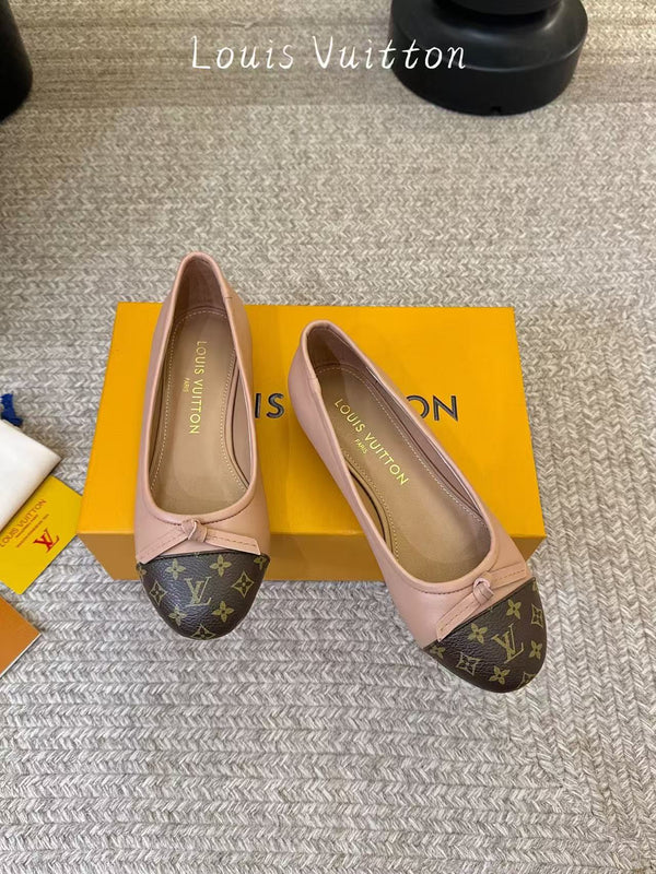 LV Classic Monogram Bow Ballet Flats Pink Brown In Cowhide