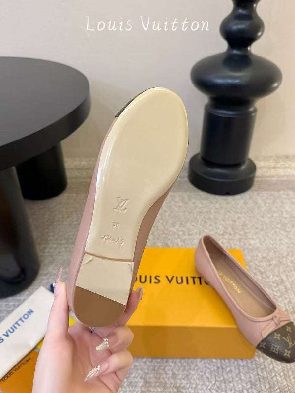 LV Classic Monogram Bow Ballet Flats Pink Brown In Cowhide
