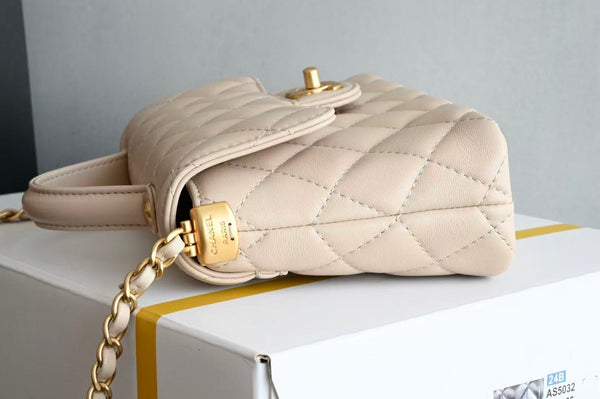 CC Small Top Handle Flap Bag Beige 22cm Lambskin Gold Hardware