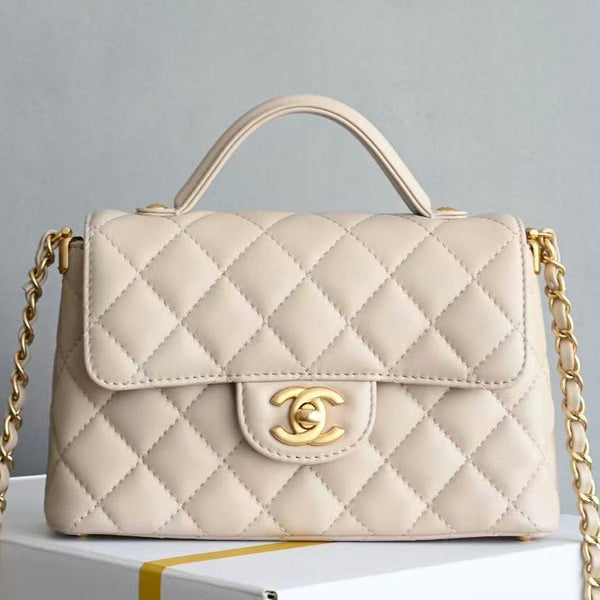 CC Small Top Handle Flap Bag Beige 22cm Lambskin Gold Hardware