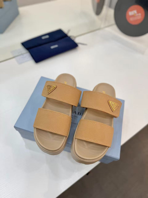 Pra Double-Strap Platform Slides Beige Cowhide Leather