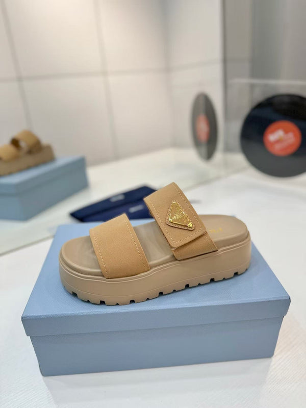 Pra Double-Strap Platform Slides Beige Cowhide Leather
