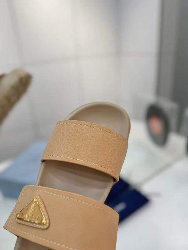 Pra Double-Strap Platform Slides Beige Cowhide Leather