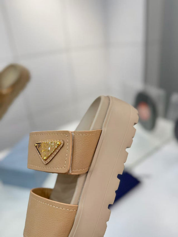 Pra Double-Strap Platform Slides Beige Cowhide Leather
