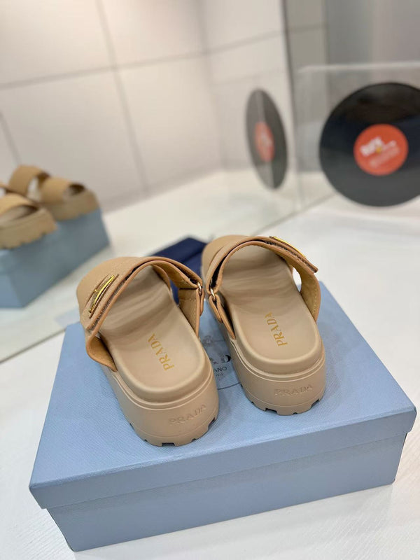 Pra Double-Strap Platform Slides Beige Cowhide Leather