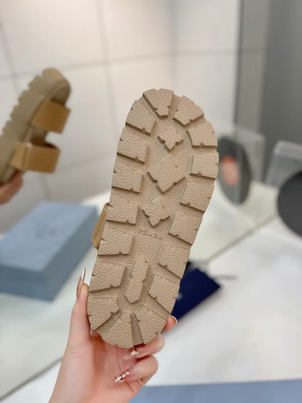 Pra Double-Strap Platform Slides Beige Cowhide Leather