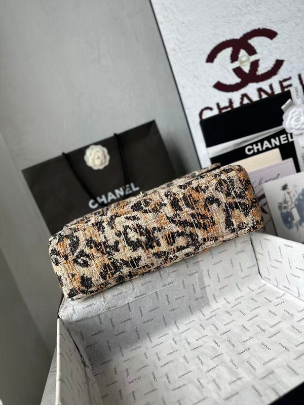 CC Maxi Flap Bag 38cm Brown Black Leopard Linen