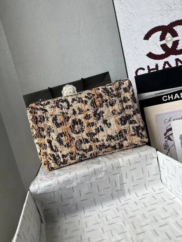 CC Maxi Flap Bag 38cm Brown Black Leopard Linen