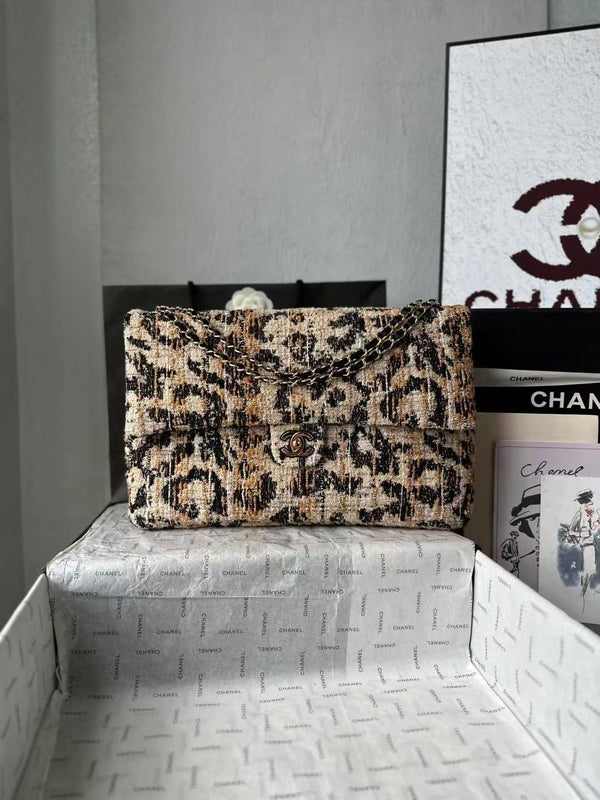 CC Maxi Flap Bag 38cm Brown Black Leopard Linen