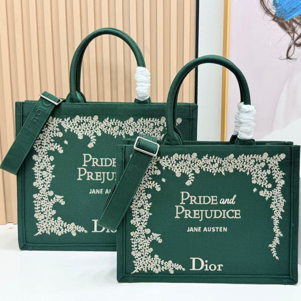CD Book Tote Medium Pride and Prejudice Green Embroidery Canvas 159367