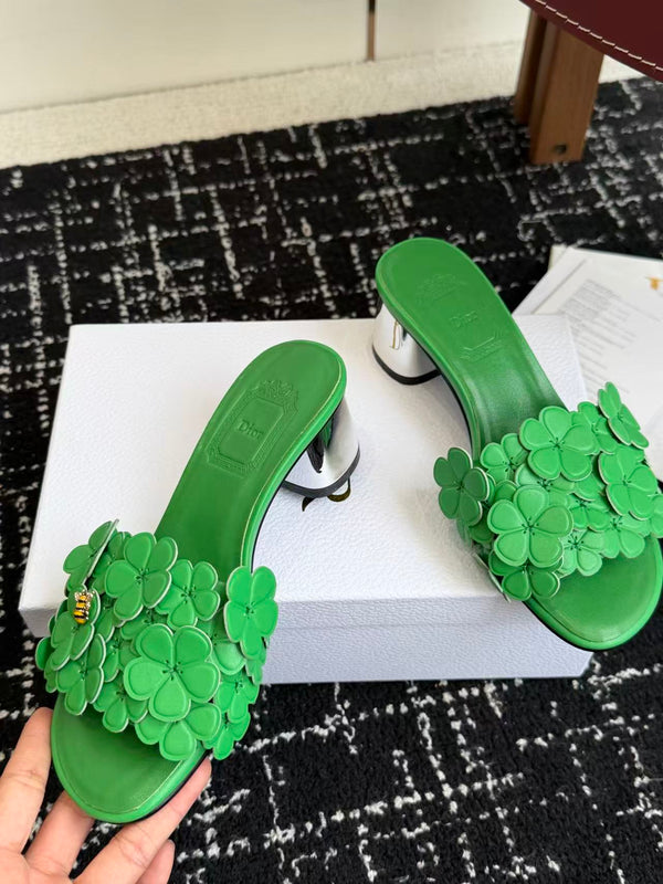 CD Bloom Mules 4.5CM Green Leather Flowers Bee Accent 966855