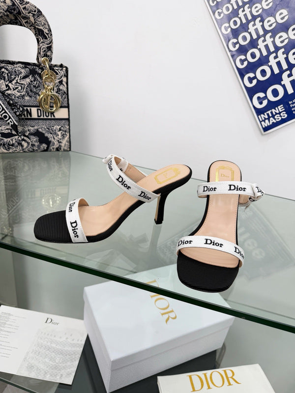 CD J’Adior High Heel Sandals 95mm Black and White Embroidered Fabric