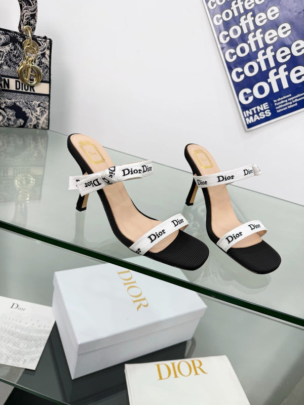 CD J’Adior High Heel Sandals 95mm Black and White Embroidered Fabric