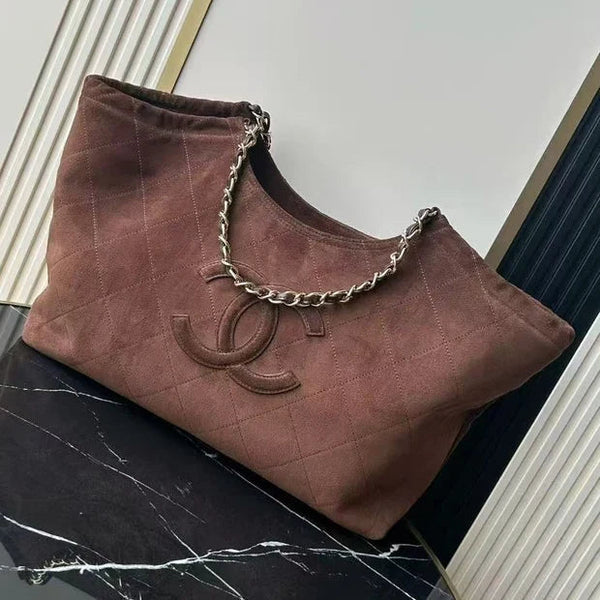 CC 26s Quilted Neo Cabas Shopping Tote Bag 38cm Dark Brown Suede