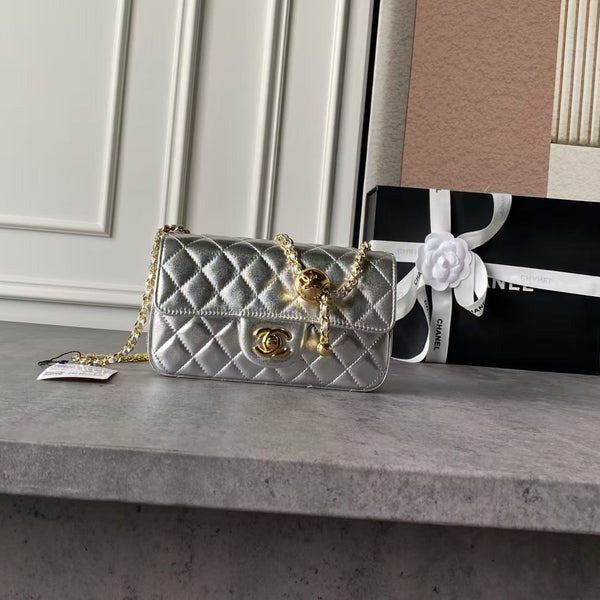 CC Pearl Crush Mini Flap Bag 20cm Silver Metallic Quilted Lambskin