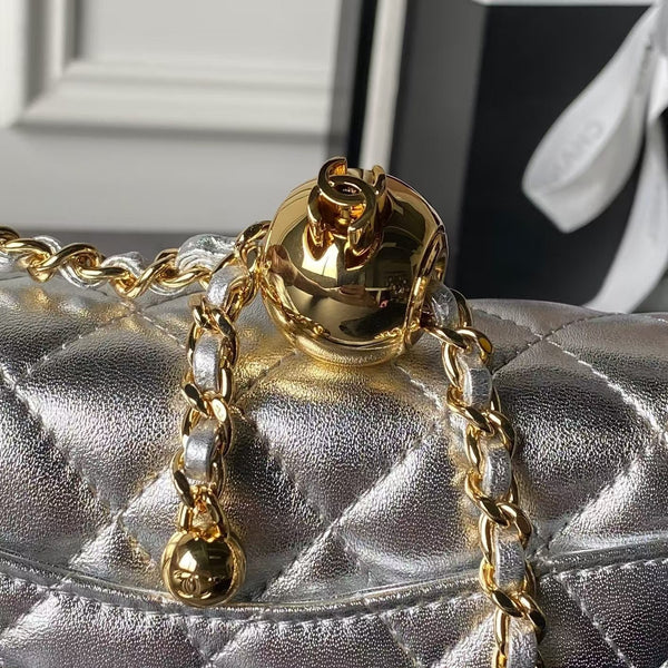 CC Pearl Crush Mini Flap Bag 20cm Silver Metallic Quilted Lambskin