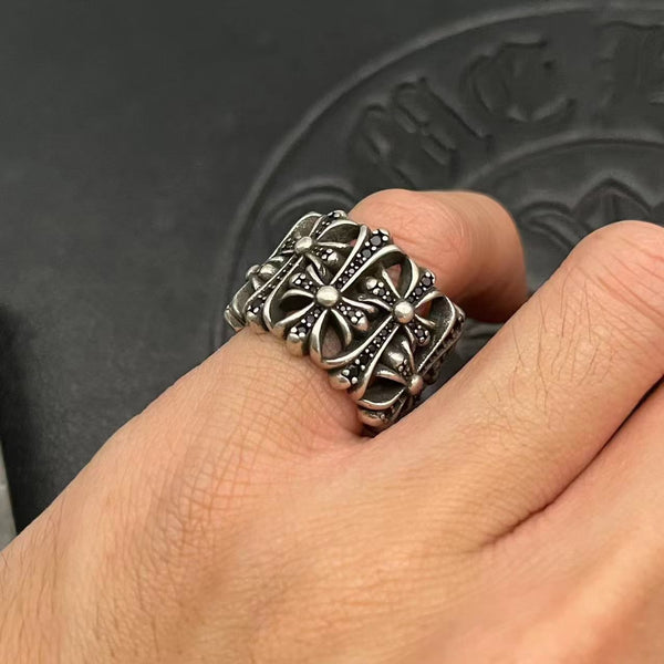 Chrome Paved Cemetery Cross Silver Ring
