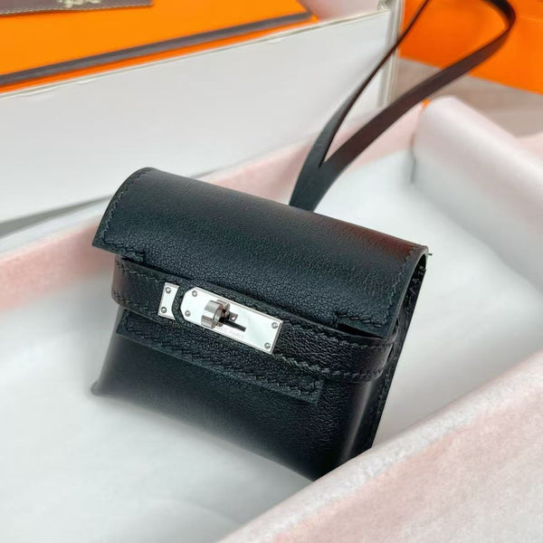 HM Kelly Festival Bag Charm in Noir Swift Calfskin SHW