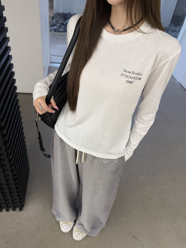 Acne Distressed Logo Long-Sleeve T-Shirt White Cotton